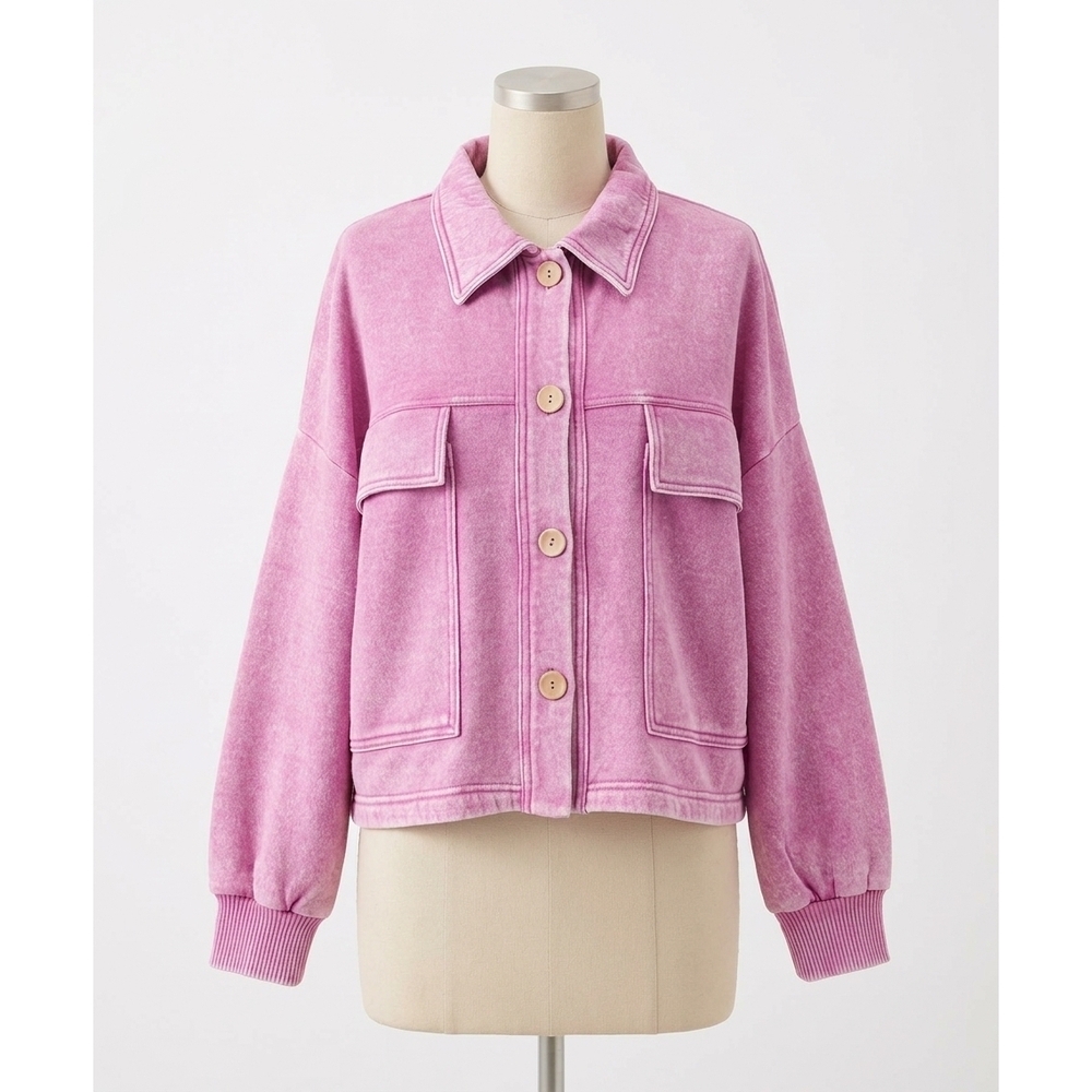 NEW ZENANA acid wash fleece cropped shacket with front pockets in mauve